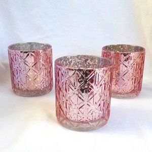 6 Rose Gold Mercury Glass Votive Tealight Candle Holders, with Geometric Design